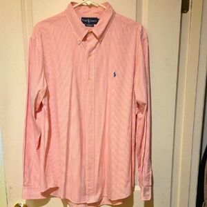 Ralph Lauren Men's Pink and White Striped Button Down Shirt